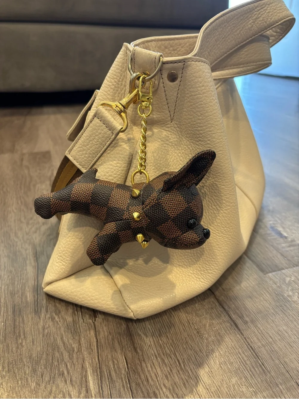 French Bulldog Checkered Bag Charm Keychain Brown Gold Stud Collar NWT